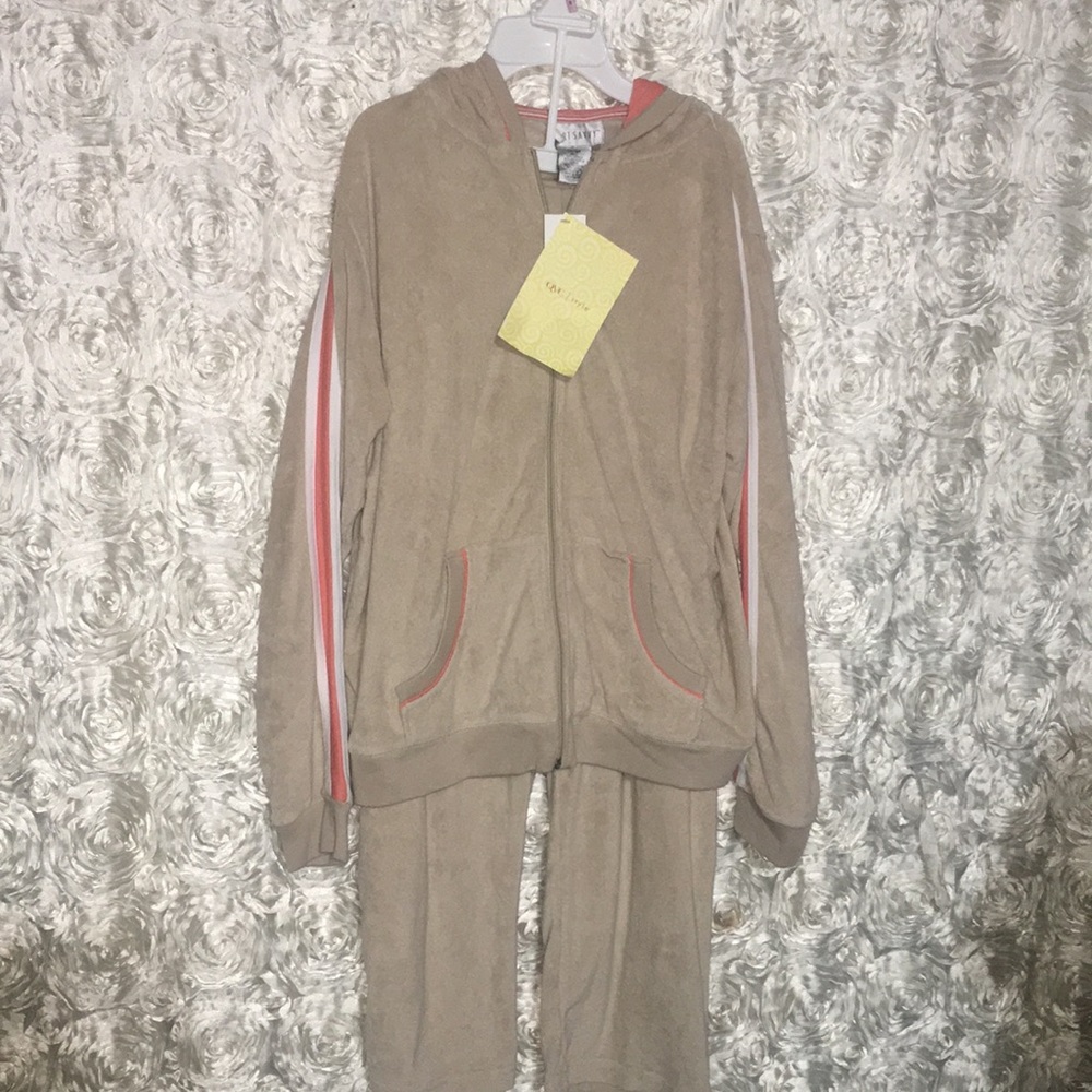 Sport Savvy by QVC Tan & Orange/White Terry Hoodie & Capri Set, Size Large, NWT
